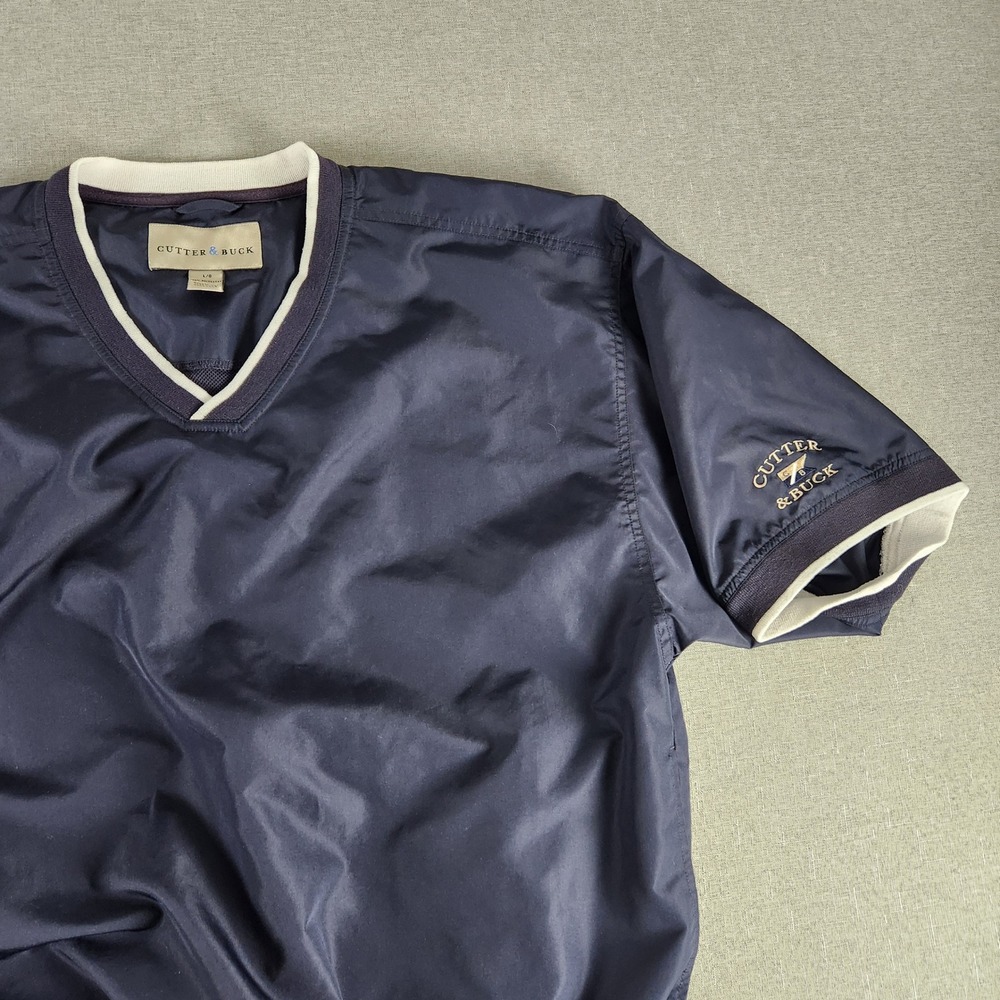 Cutter & Buck Mens Large Navy V-Neck Short Sleeve Golf Windshirt Windbreaker EUC